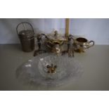 A quantity of glass wares including cut glass bowl, pair of plated candlesticks, ice bucket etc