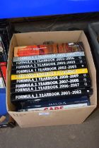 Box containing a quantity of books including Formula 1 yearbooks, Bob Dylan Retrospectum, World