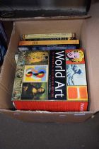 Box containing a quantity of various hardback reference books including World Art, The Planets,