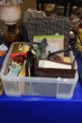 Box containing various clearance sundries including ornaments, handbag etc