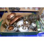 Box containing various metal wares including lamp, silver plated pheasants, copper warmer etc, FFA