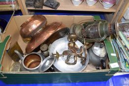 Box containing various metal wares including lamp, silver plated pheasants, copper warmer etc, FFA