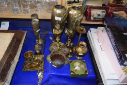Collection of various metal wares including vases, candlesticks etc