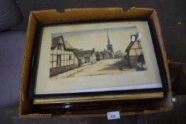 Box containing a quantity of various picture/photo frames, modern oil of landscape, framed etc