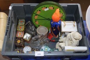 Box containing a quantity of various clearance sundries including ornaments, tins etc