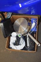 Box containing various clearance sundries including kitchen pans, radio etc