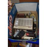 Box containing various vintage cameras, transistor radio etc