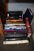 Box containing a quantity of hard back reference books including music interest Sinatra, U2 ,