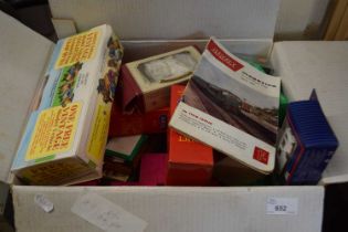 Box containing a quantity of various boxed collectable figures, vehicles etc