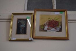 Mixed Lot: Needlework picture of a cockerel together with a small study of redcurrants (2)