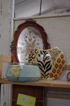 Art pottery vase together with a bowl and a mirror