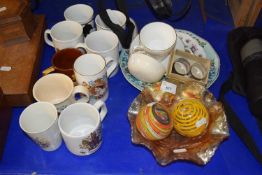 Quantity of various glass ware and mugs to include Wedgwood and Liskerd glass paperweights