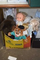 Box of various dolls and other soft toys