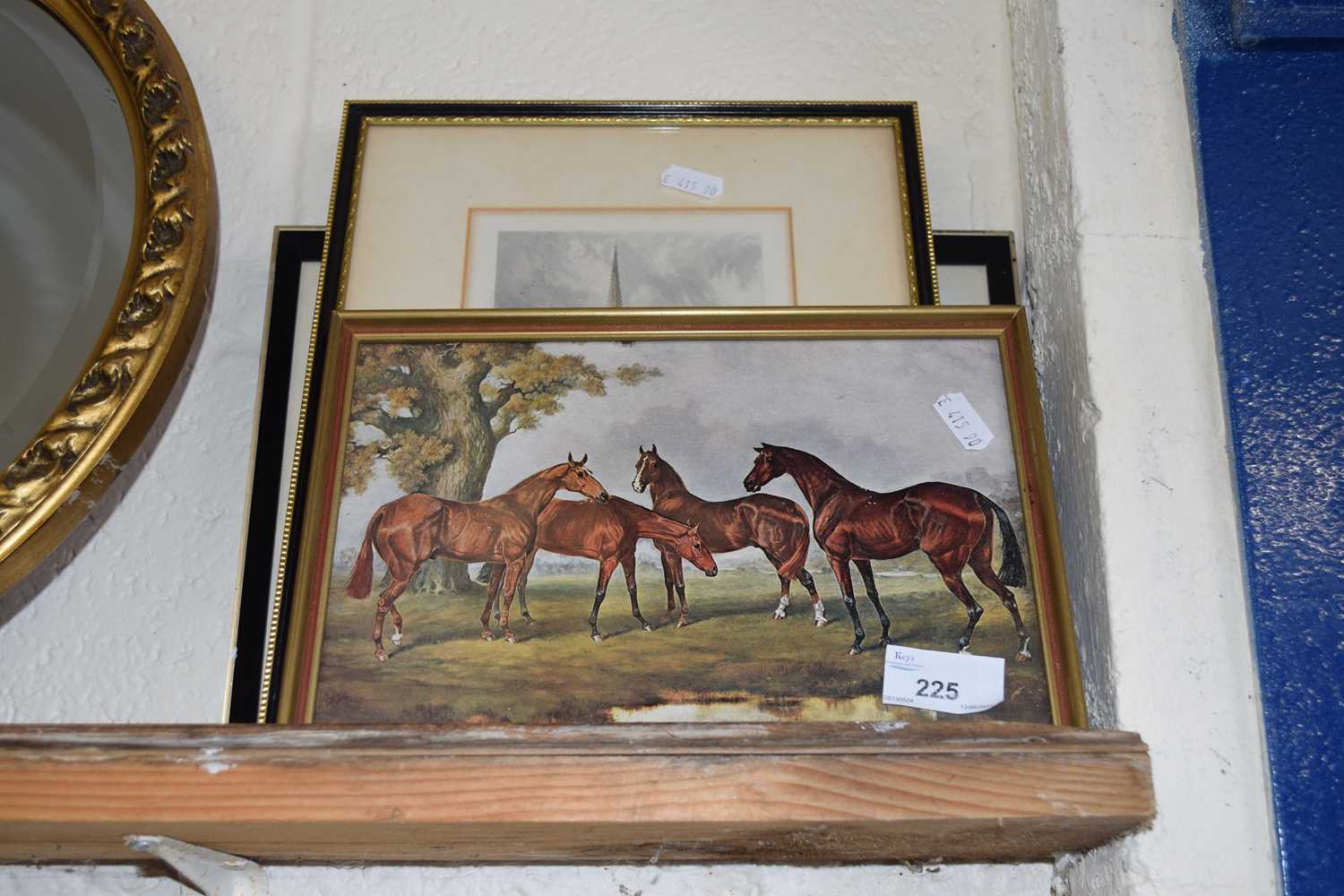 Small coloured engraving of Norwich Cathedral, a coloured print of horses and a further small