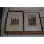 Pair of small studies of street and market scenes, watercolours, initialled WRW, heavily foxed,