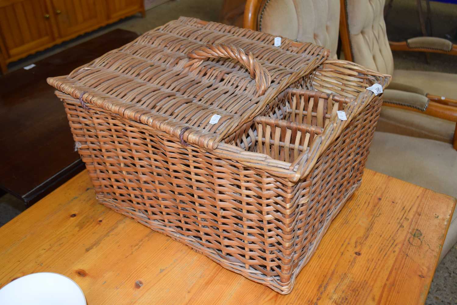 A wicker picnic hamper