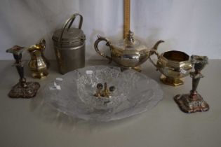 A quantity of glass wares including cut glass bowl, pair of plated candlesticks, ice bucket etc