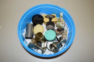 A box of various assorted pin boxes, pewter measures etc