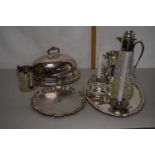 Mixed Lot: Various silver plated wares to include serving trays, meat cover, tankards etc