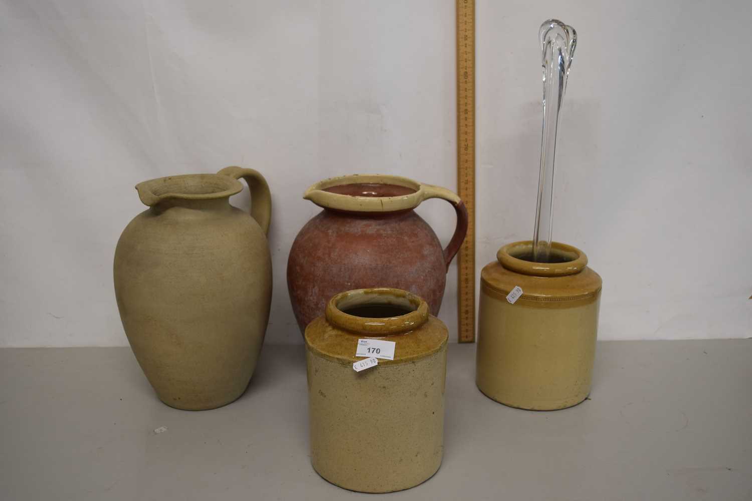 Mixed Lot: Stone ware kitchen storage jars, pottery jugs and a clear Art Glass vase