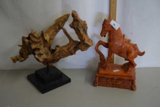 Mixed Lot: A modern Chinese resin model of a Tang horse together with an abstract burr wood