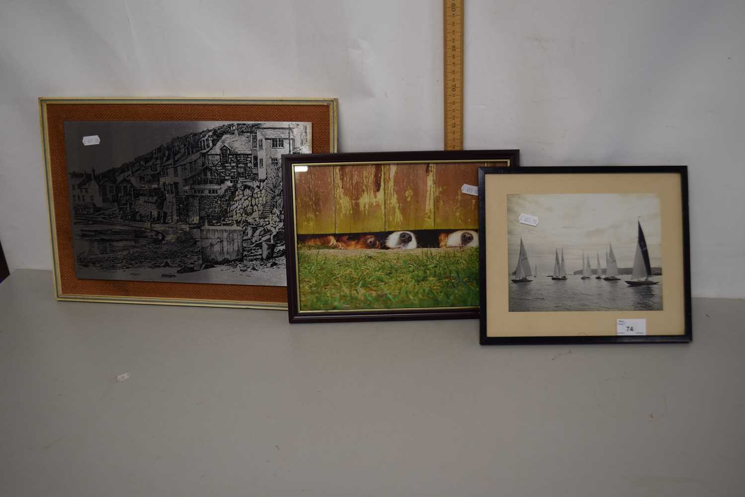 Mixed Lot: Three pictures comprising a black and white photograph of a yachting scene, a picture