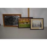 Mixed Lot: Three pictures comprising a black and white photograph of a yachting scene, a picture