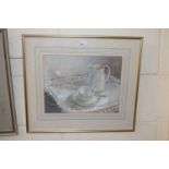 Margaret Bee, still life study of a tray of tea ware, pastel, framed and glazed