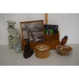 Mixed Lot: Small desk letter rack, model Kingfisher, a reproduction Chinese foo dog, flat iron and