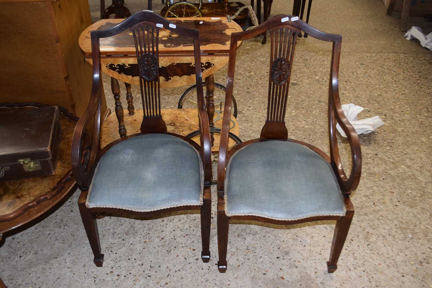 A pair of Edwardian scroll arm bedroom chairs, blue upholstered seats