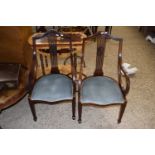 A pair of Edwardian scroll arm bedroom chairs, blue upholstered seats