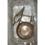 Box of mixed items to include a small silver pierced dish, a plated vester and a plated duck head