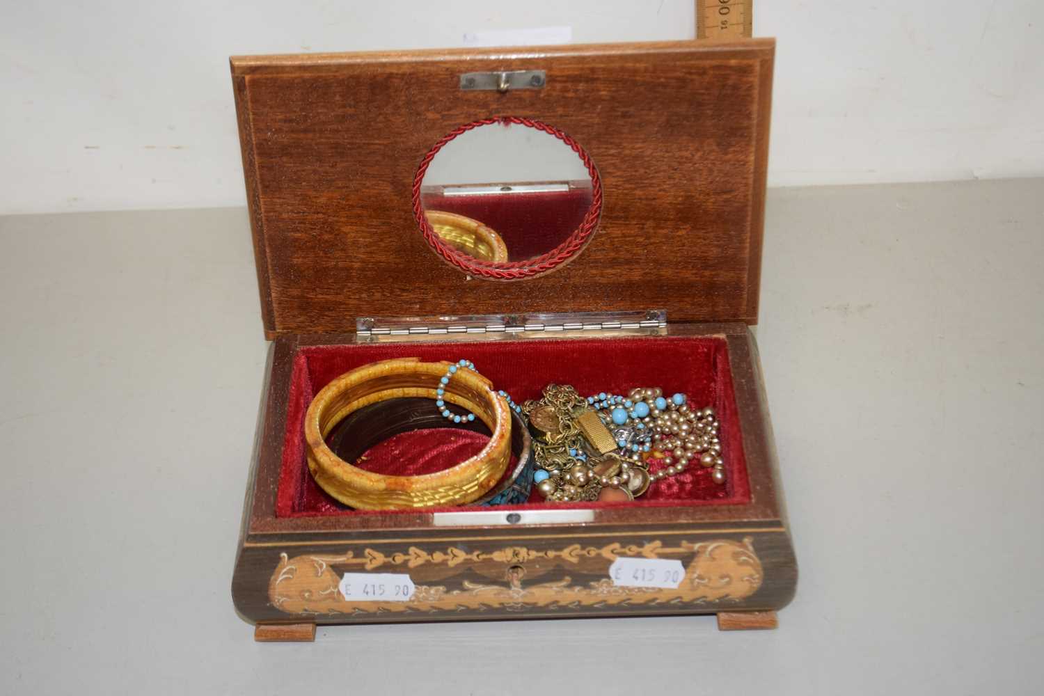 Small inlaid jewellery box and contents