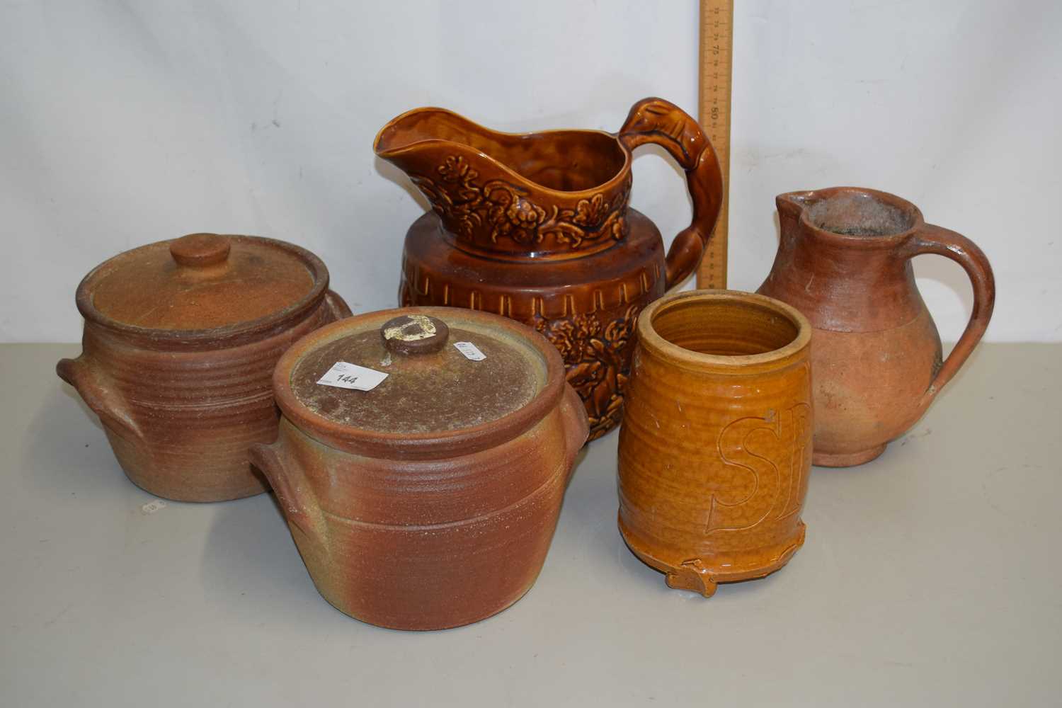 Mixed Lot: Various kitchen storage jars, brown glazed jug etc