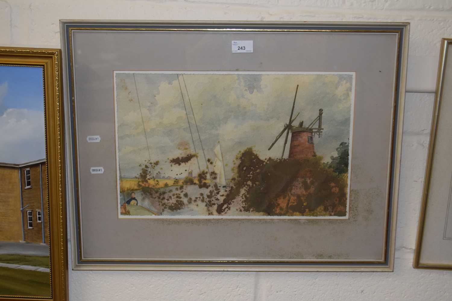 Watercolour study of a Broadland scene with windmill, heavily foxed, framed and glazed