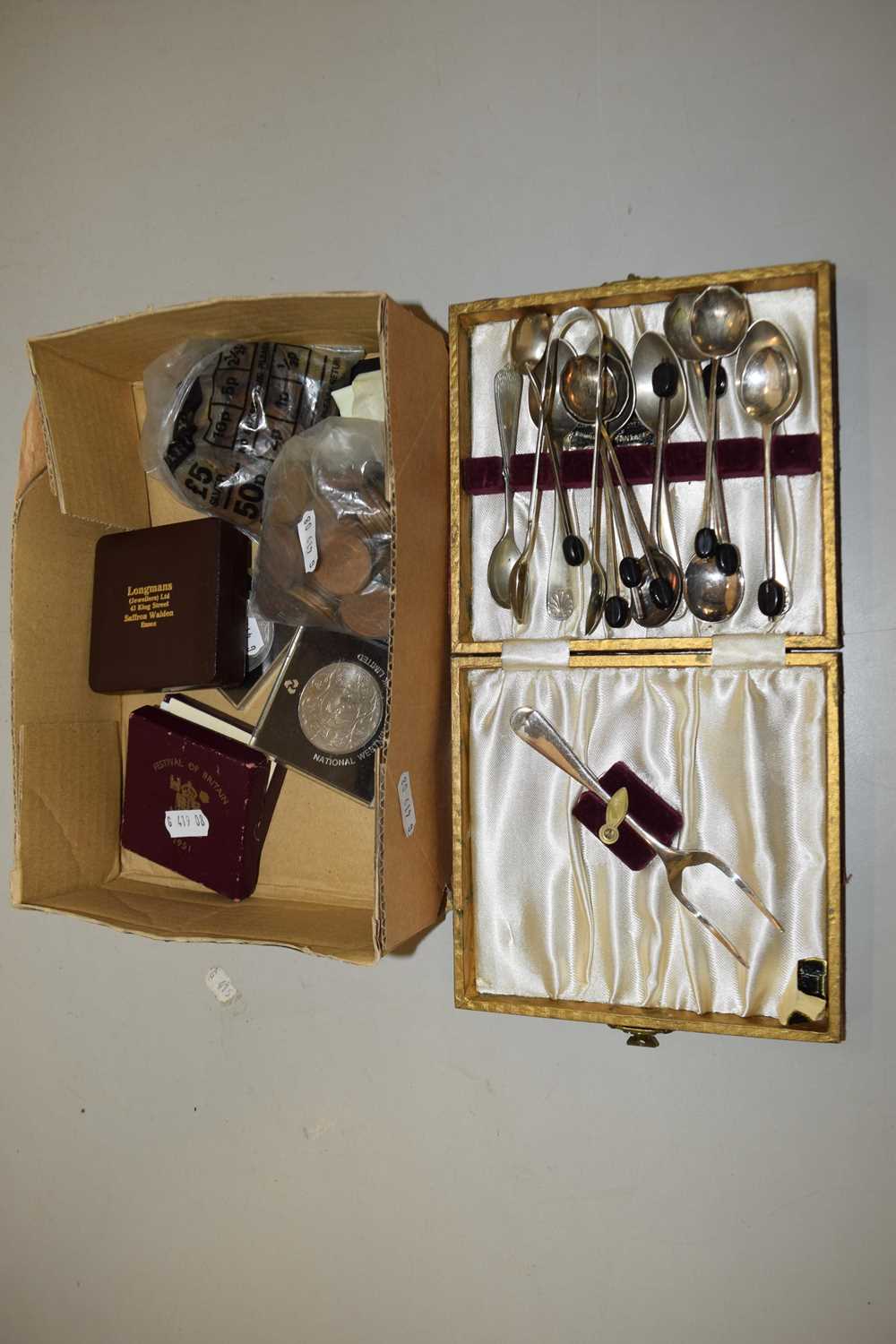 Box of various assorted British coinage to include commemorative crowns, various coffee spoons etc