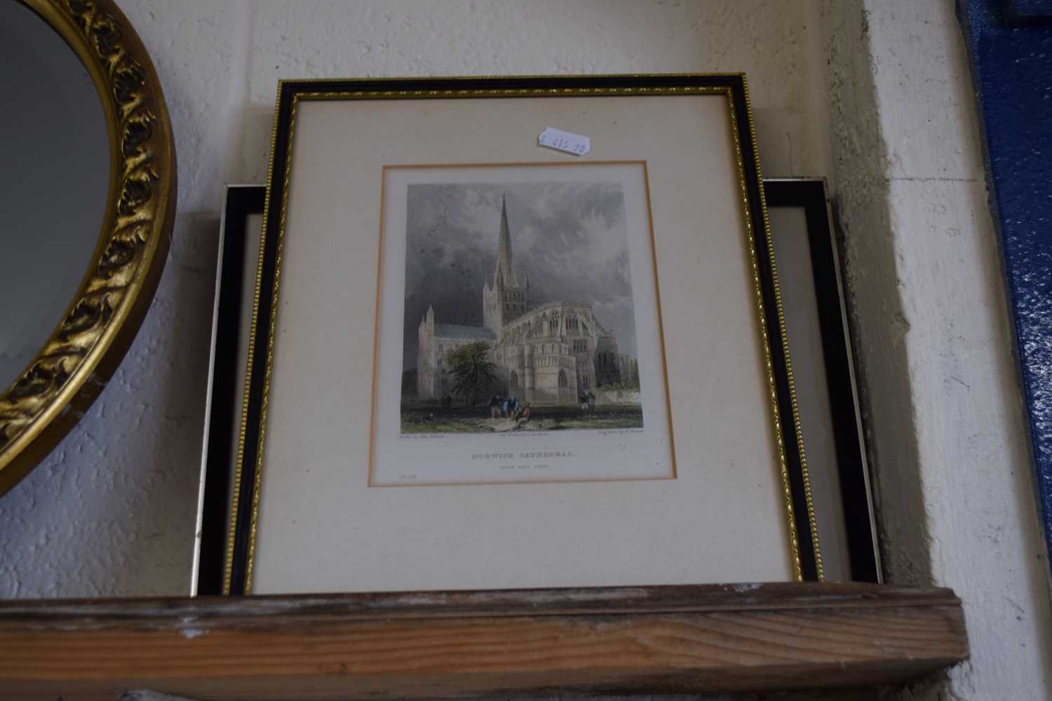 Small coloured engraving of Norwich Cathedral, a coloured print of horses and a further small - Image 2 of 3