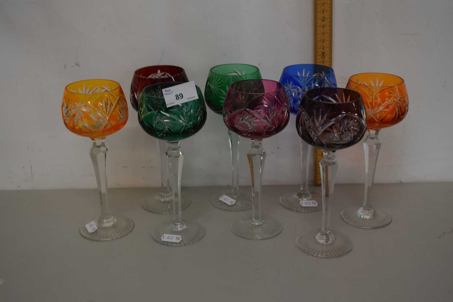 A set of eight Bohemian hock glasses with coloured bowls