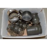 Box of pewter tankards, silver plated wares etc