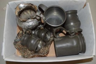 Box of pewter tankards, silver plated wares etc