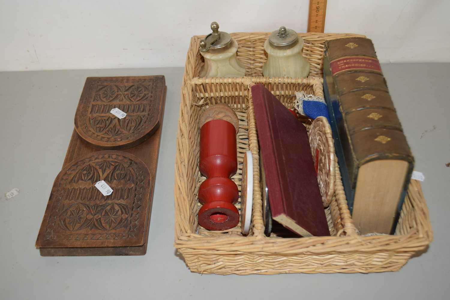 Mixed Lot: Folding book slide, wicker cutlery box, volume of Shakespeares Tragedy and other items