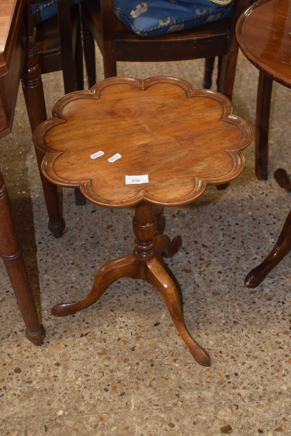 Reproduction Georgian style mahogany wine table with shaped top, turned column and tripod base