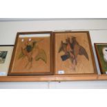 A pair of pressed plywood pictures of dead game birds