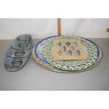 Mixed Lot: Decorated meat plates, pierced wall charger, Rye Pottery bowl etc