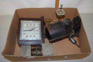 Box of various assorted items to include a Smiths mantel clock