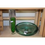 Green glass dish, contemporary vase and another (3)