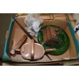 Mixed Lot: Copper watering can, green cloud glass bowl, storage boxes etc