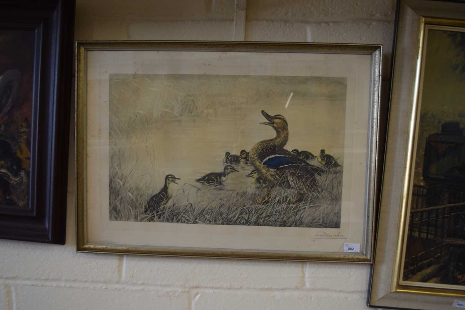 A coloured print of a duck family, indistinctly signed in pencil