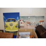 Pair of modern screen prints of beach scenes and a further screen print of a VW camper van