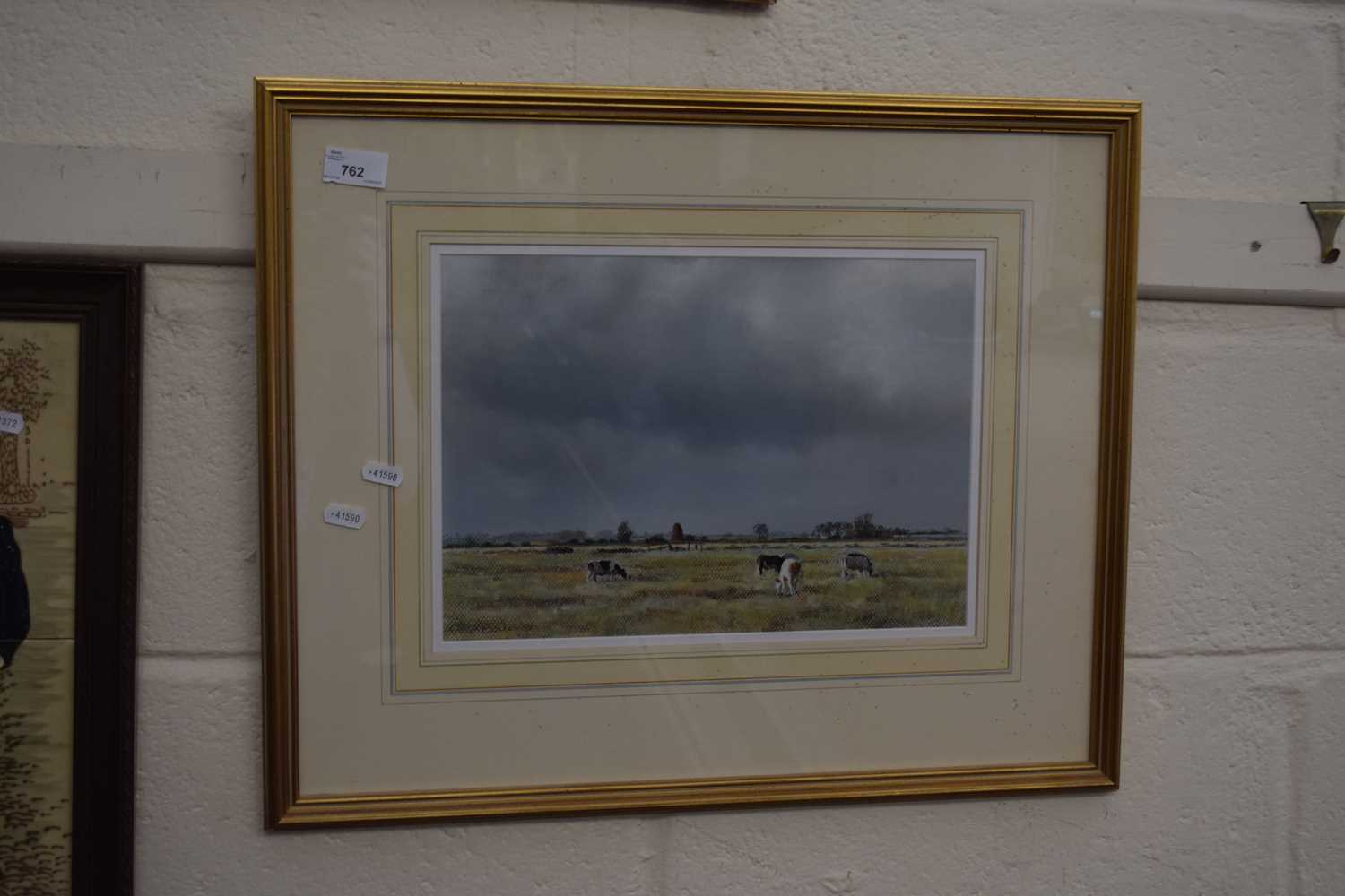 Cows grazing by Peter Barker, pastel on paper, framed and glazed